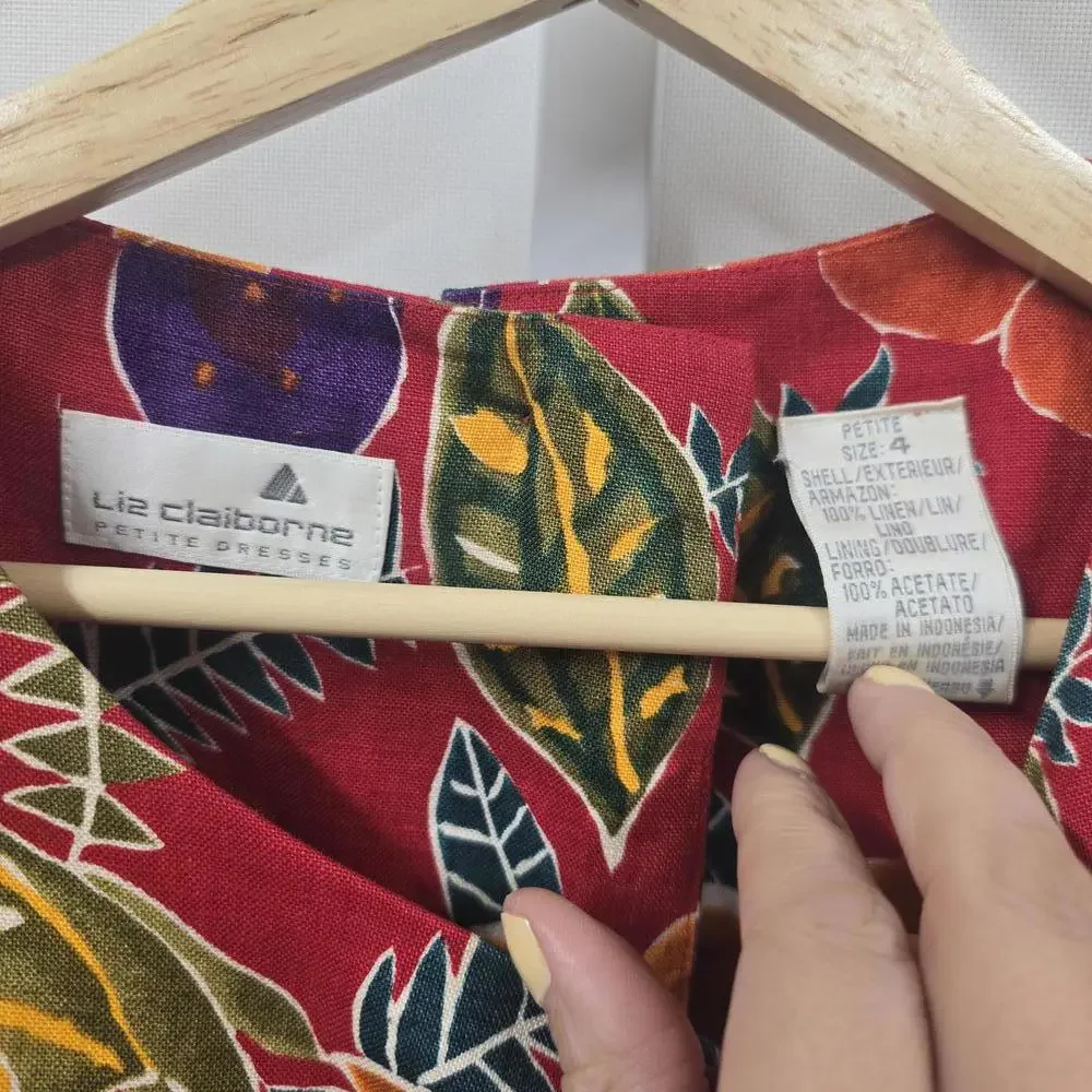 Vintage Liz Claiborne Petite Floral Linen Dress - Vibrant Red Floral - Picture 4 of 6